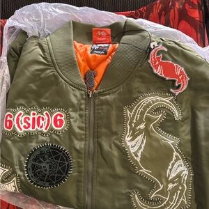 Green Bomber Jacket with Goat and Patch Details